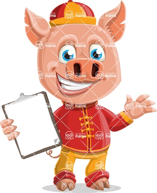 Year of the Pig Character - Vector Pig Cartoon - Year of the Pig Vector Character with a Notepad